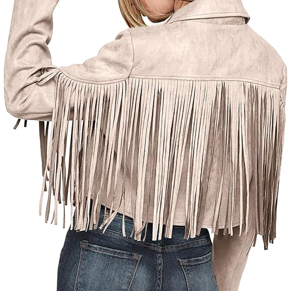Cream Leather Jacket with Fringe Detail
